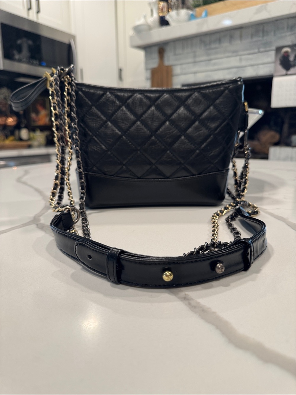 Black Quilted Leather Shoulder Bag with Chain Strap, Gabriella style 10x7